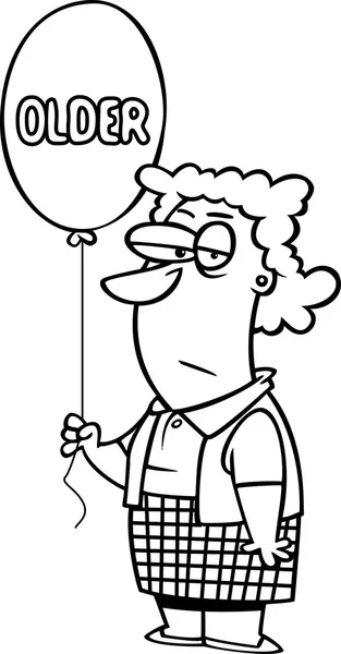 Vektor einer Cartoon-Geburtstagsfrau mit einem älteren Luftballon - umrissene Ausmalseite — Stockvektor