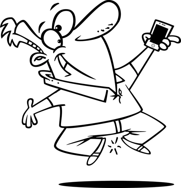 Illustration eines umrissenen aufgeregten Mannes, der mit seinem neuen Handy auf weißem Hintergrund springt. — Stockvektor