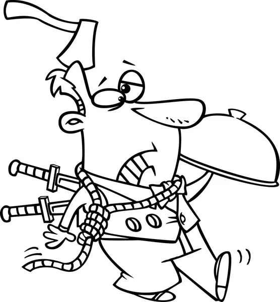 Ilustración de un hombre misterioso del servidor del asesinato de dibujos animados en blanco y negro con un hacha en la cabeza y cuchillos en la espalda, sobre un fondo blanco . — Vector de stock