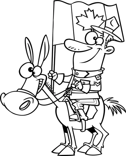 Vetor de um desenho animado Mountie em um cavalo - Página para colorir delineada —  Vetores de Stock
