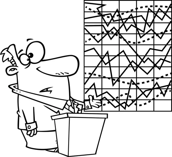 Illustration av en kalkylbladsdisposition affärsman försöker förklara ett bud upp diagrammet på en vit bakgrund. — Stock vektor