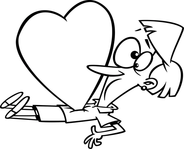 Vetor de uma mulher dos desenhos animados sendo esmagada com um coração de amor - Página para colorir delineada — Vetor de Stock