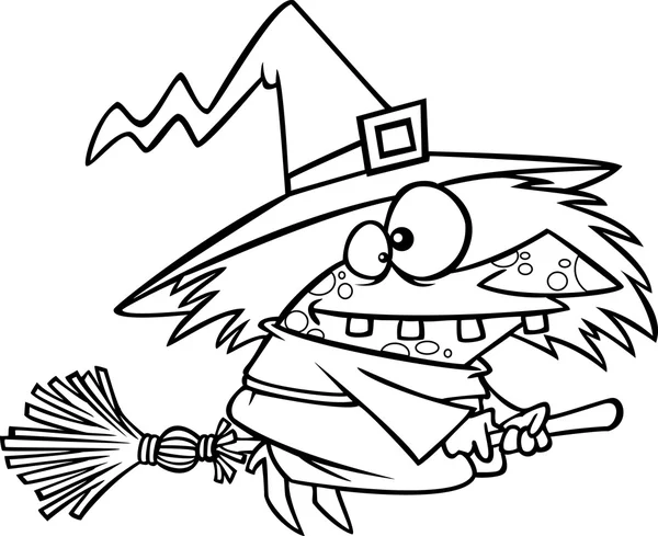 Vector of a Cartoon Warted Witch on Her Broomstick - Outlined Coloring Page — 스톡 벡터