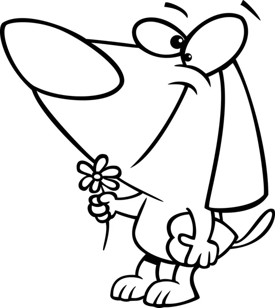 Vektor eines Cartoon-Schwarz-Weiß-Umrisses umwirbt Valentinstag Hund mit einer Blume und Süßigkeitenschachtel - umrissene Malseite — Stockvektor