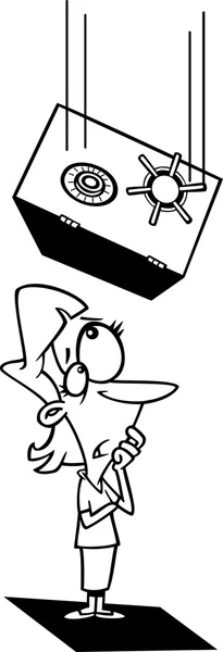 Vector de una caja fuerte de dibujos animados cayendo en una mujer de negocios desafortunada - Página para colorear delineada — Vector de stock