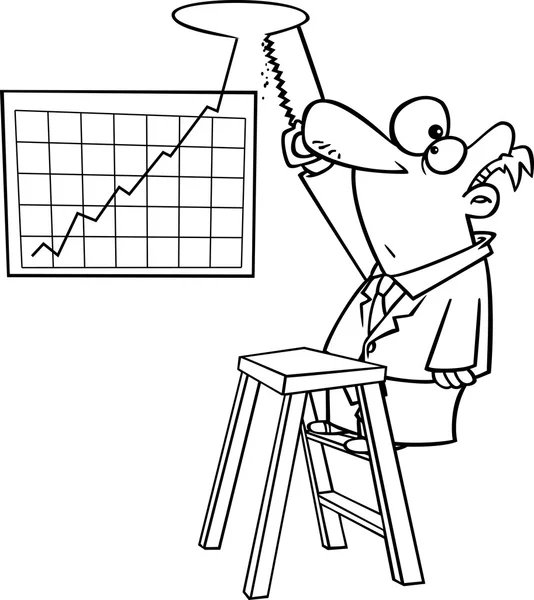 Vector of a Cartoon Businessman Cutting a Hole in the Ceiling for His Profit Chart - Outlined Coloring Page — Stock Vector