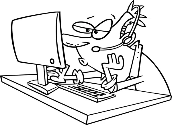 Illustratie van een lijn kunst ontwerp van een tech support werknemer waait kauwgom, op een witte achtergrond. — Stockvector