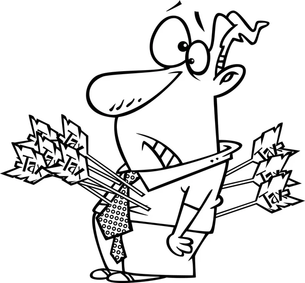 Ilustração de um homem esboçado baleado com flechas fiscais, sobre um fundo branco . — Vetor de Stock