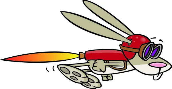 Ilustração de um coelho voando com um jato de foguete, sobre um fundo branco . —  Vetores de Stock