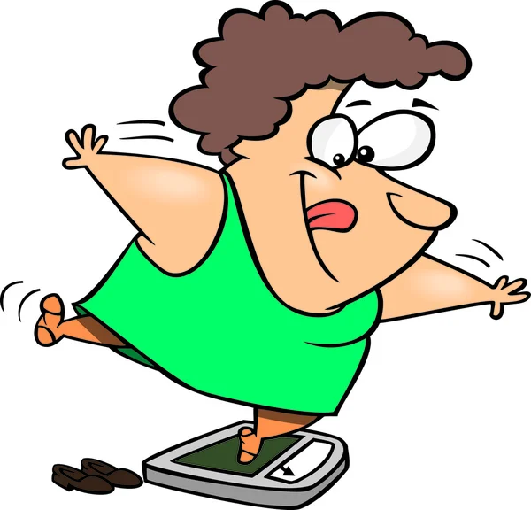 Ilustração de uma mulher gorda tentando enganar a balança enquanto se pesa, em um fundo branco . —  Vetores de Stock