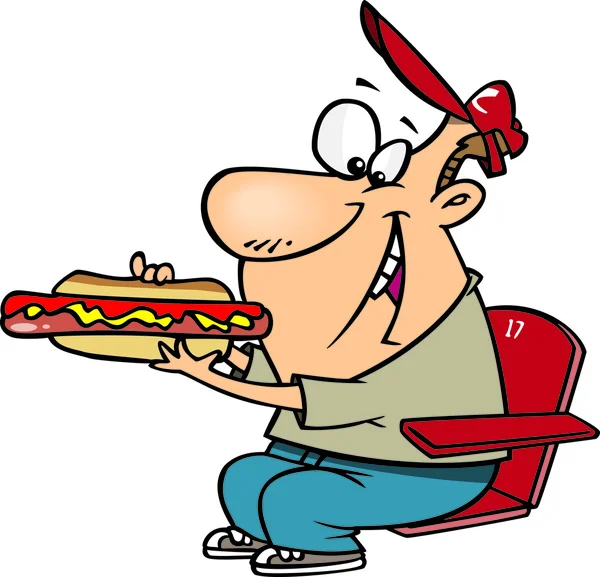 ClipArt sport rajongó ember eszik A Hot Dog egy játék során — Stock Vector