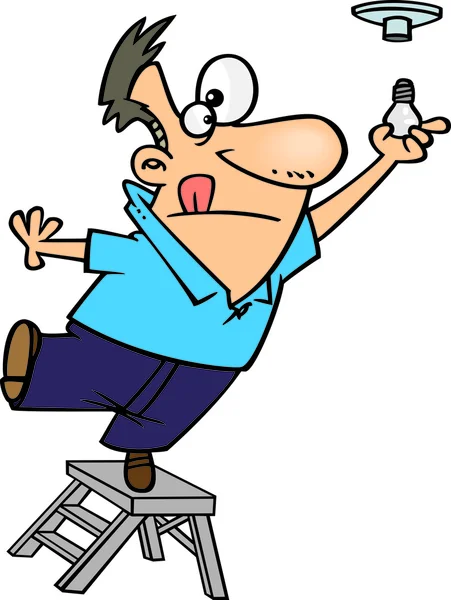 Bir merdiven duran ve bir ampul yükleme clipart adam — Stok Vektör