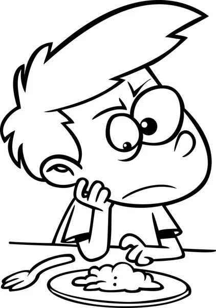 Illustration d'un garçon mangeur de bande dessinée difficile contour regardant les verts, sur un fond blanc . — Image vectorielle