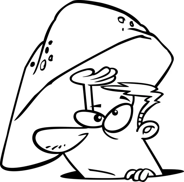 Vector de un hombre de dibujos animados que emerge de debajo de una roca - Página para colorear delineada — Vector de stock