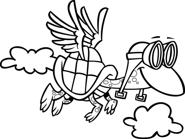 Illustration einer umrissenen Schildkröte, die mit Pilotenbrille fliegt, auf weißem Hintergrund. — Stockvektor