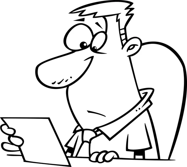 Illustratie van een zakenman zitten aan een bureau en het lezen van een memo, op een witte achtergrond. — Stockvector