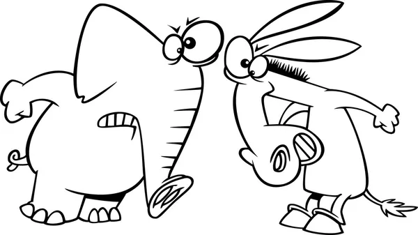 Vector de una caricatura que se opone al burro democrático y al elefante republicano - Página para colorear esbozada — Vector de stock