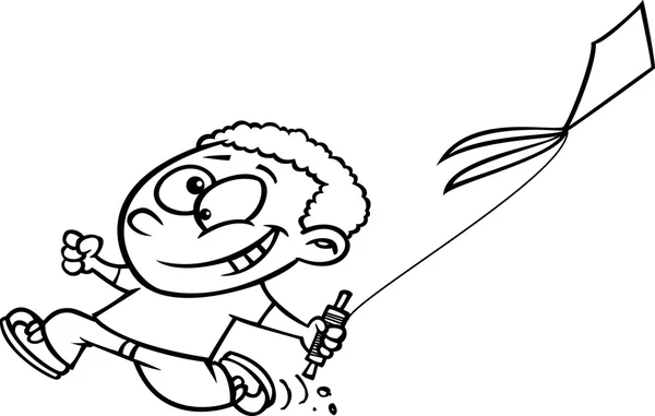 Cartoon Boy Flying a Kite (Black and White Line Art) — 스톡 벡터