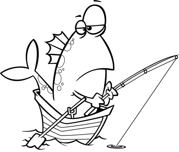 Vector of a Cartoon Fish Fishing from a Boat - Outlined Coloring Page — Stock Vector