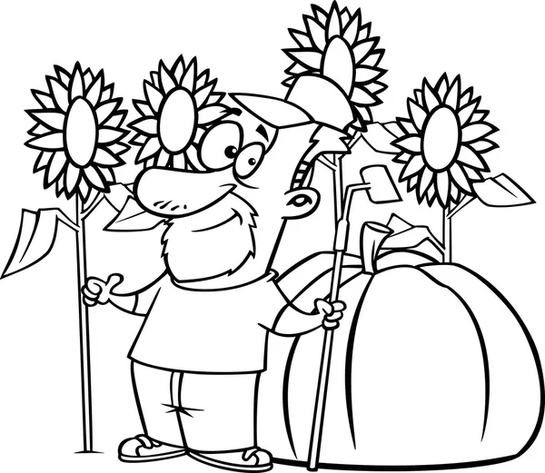 Vetor de um fazendeiro de polegar verde dos desenhos animados com girassóis e uma abóbora gigante - Página para colorir delineada — Vetor de Stock