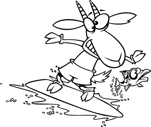 Vector of a Cartoon Fish Leaping Away from a Surfing Goat - Outlined Coloring Page — Stock Vector