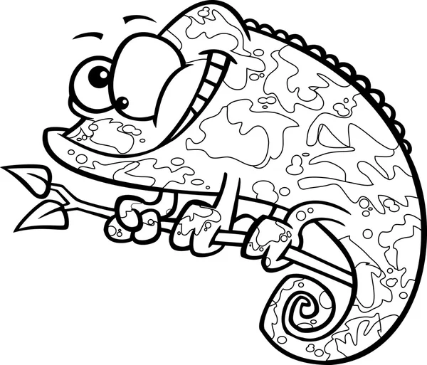 Vector of a Cartoon Happy Chameleon Lizard with Camoflauge Patterns - Outlined Coloring Page — 스톡 벡터