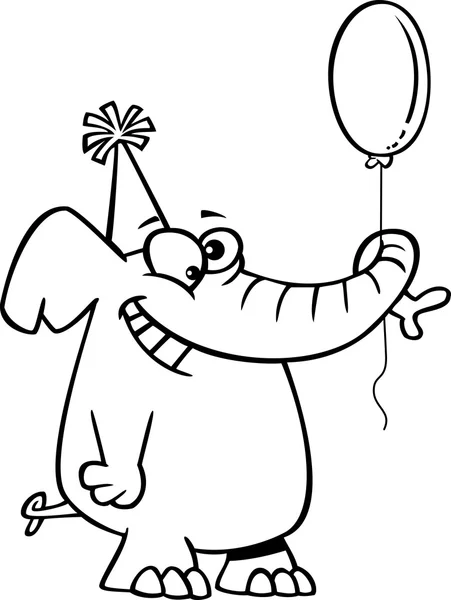 Vector of a Cartoon Happy Birthday Elephant Holding a Balloon - Outlined Coloring Page — Stock Vector