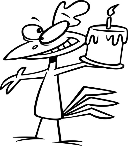 Vector of a Cartoon Happy Chicken Holding a Birthday Cake - Outlined Coloring Page
