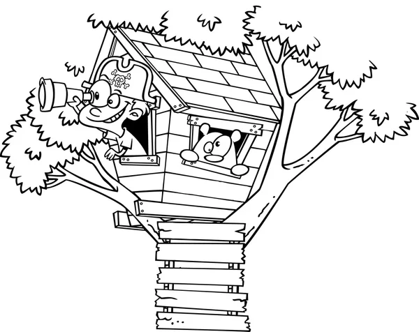 Wektor kreskówka pirat chłopca w jego zarys czarno-biały domek na drzewie - przedstawione kolorowanki Grafika Wektorowa