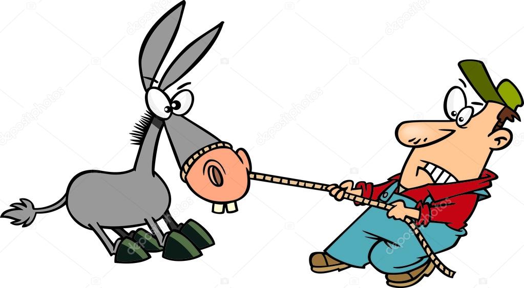 Cartoon Man Pulling a Stubborn Mule