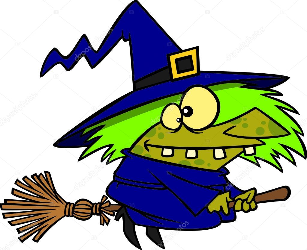 Cartoon Ugly Witch Flying on a Broomstick