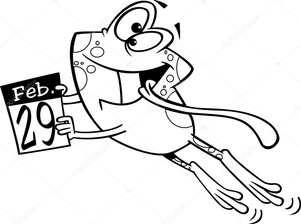 Illustration of a black and white outline cartoon leap day frog jumping with a february 29th calendar, on a white background.