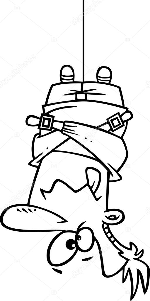Black And White Outline Cartoon Man Hung Upside Down