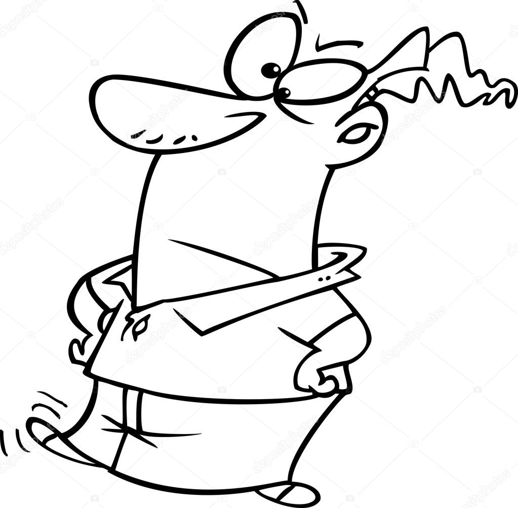 Illustration of a line art design of an impatient man tapping his foot, on a white background.