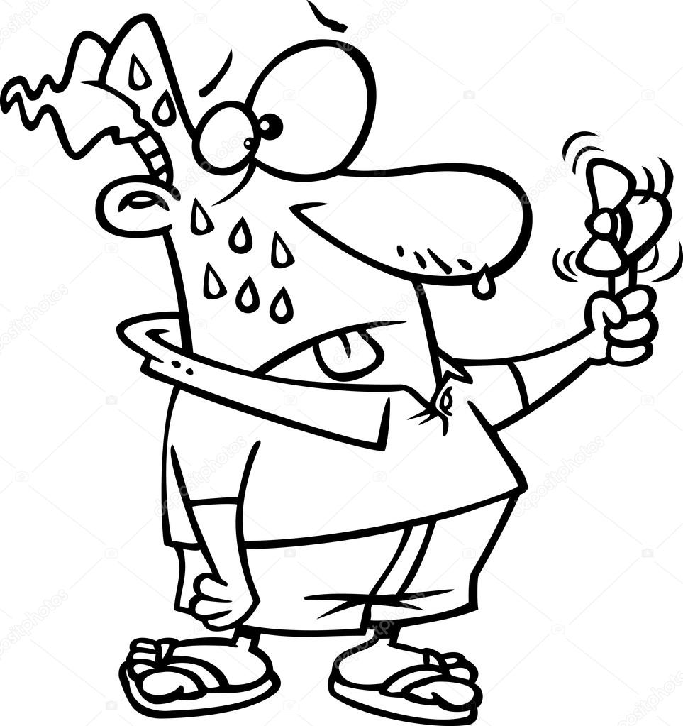 Illustration of an outlined sweaty man holding a hand fan, on a white