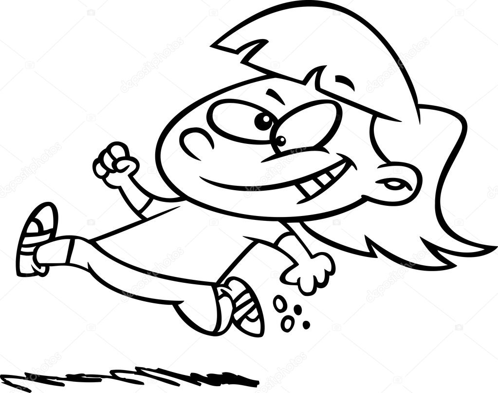 Vector of a Cartoon Black and White Outline Little Girl Running