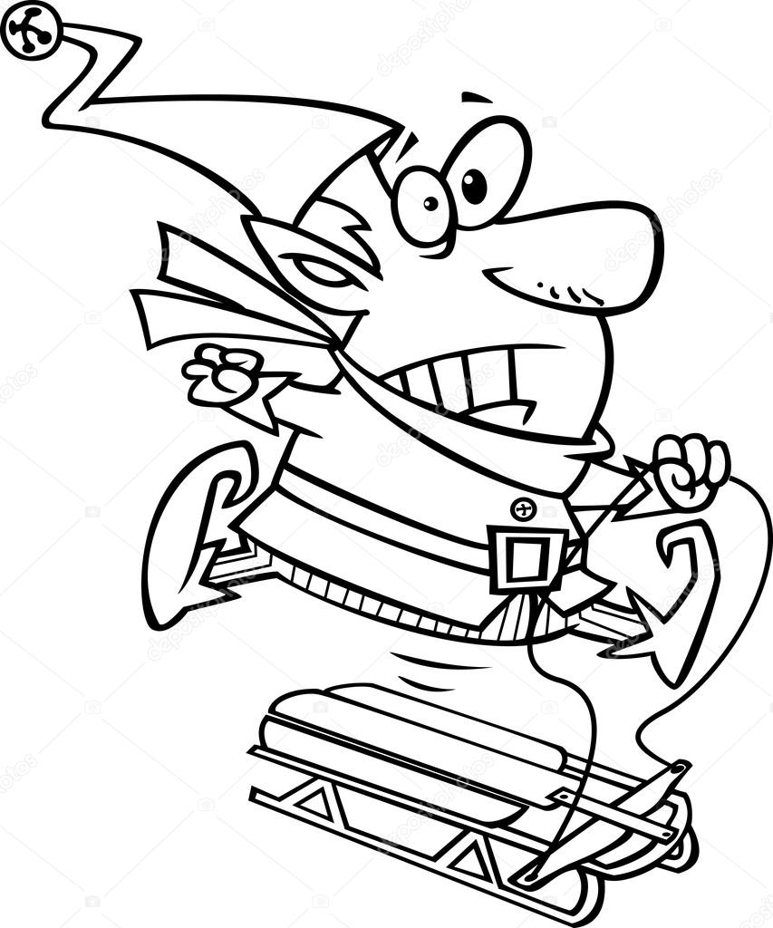 Outlined Christmas Elf Losing Control Of A Sled