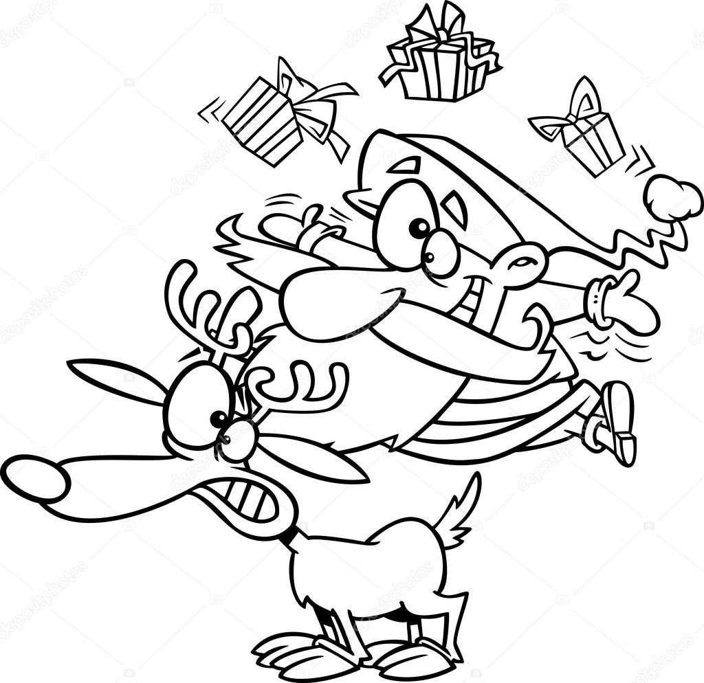 Vector of a Cartoon Christmas Santa Juggling Gifts on a Reindeer - Outlined Coloring Page