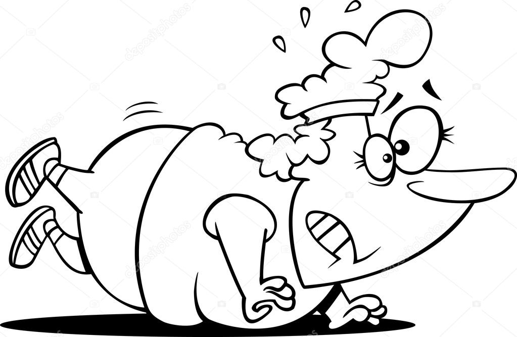 Illustration of an outlined overweight lady trying to do push ups, on a white background.