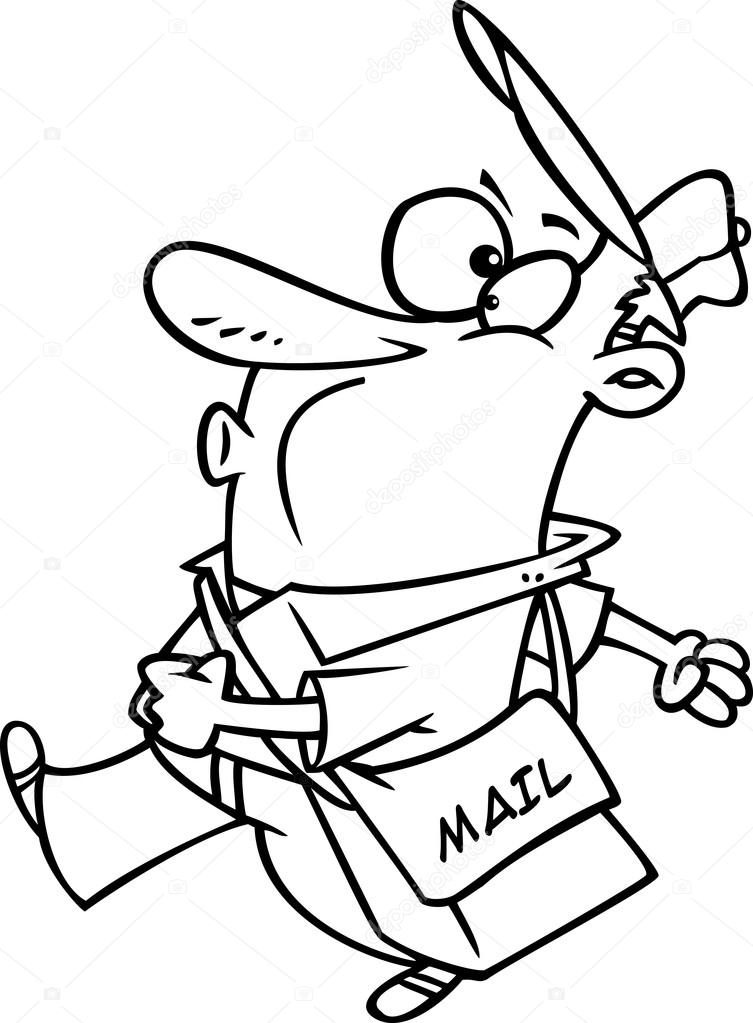 Illustration of an outlined happy mail man walking and whistling, on a white background.