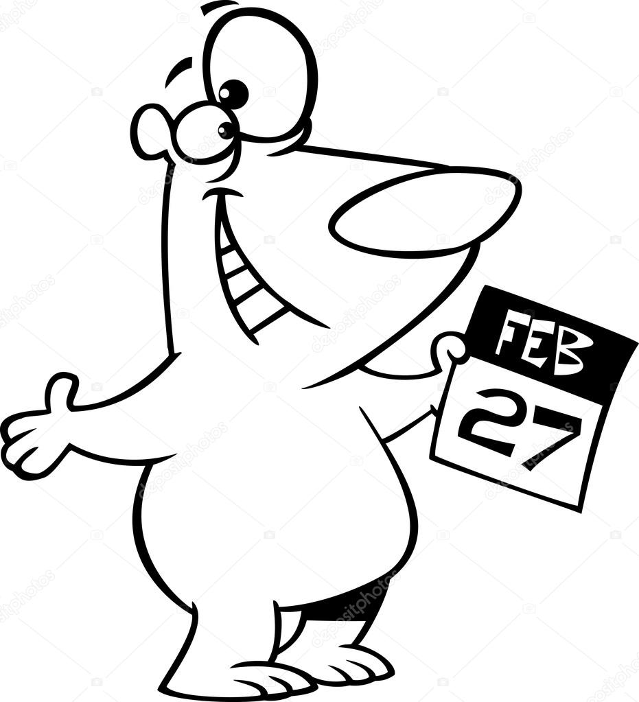 Illustration of a black and white outline cartoon polar bear holding a february 27 calendar for polar bear day, on a white background. Image