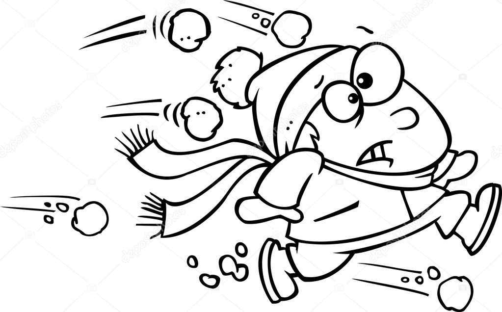 Illustration of an outlined outnumbered boy running from snowballs, on a white background.