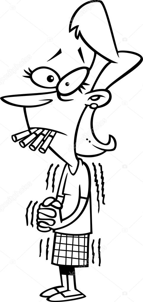 Vector of a Cartoon Shaking Woman Going Through Nicotine Withdrawals and Sucking on Cigarettes on No Smoking Day - Outlined Coloring Page