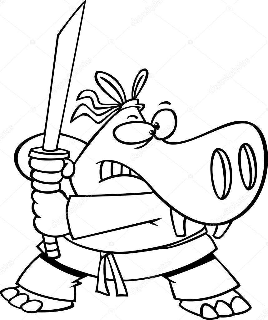 Illustration of a hippo ninja black and white outline, on a white background.