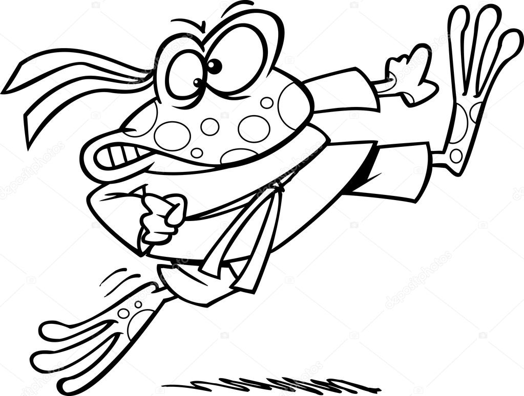 Illustrazione di una rana ninja delineato calci su sfondo bianco — Vettoriale Stock