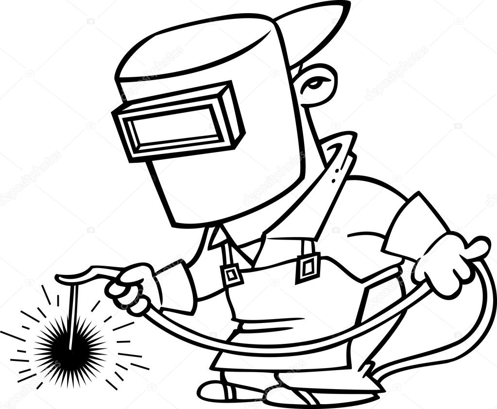 Illustration of a line art design of a welder at work, on a white background.