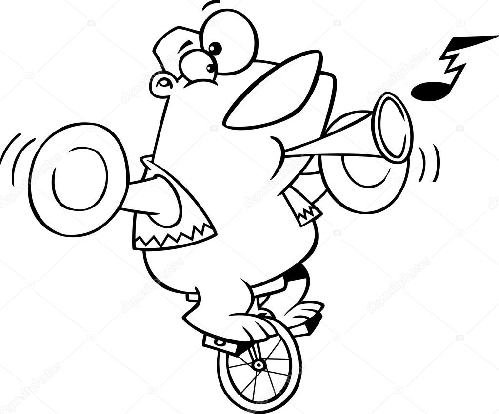 Vector of a Cartoon Stunt Bear Playing Music and Riding a Unicycle - Outlined Coloring Page