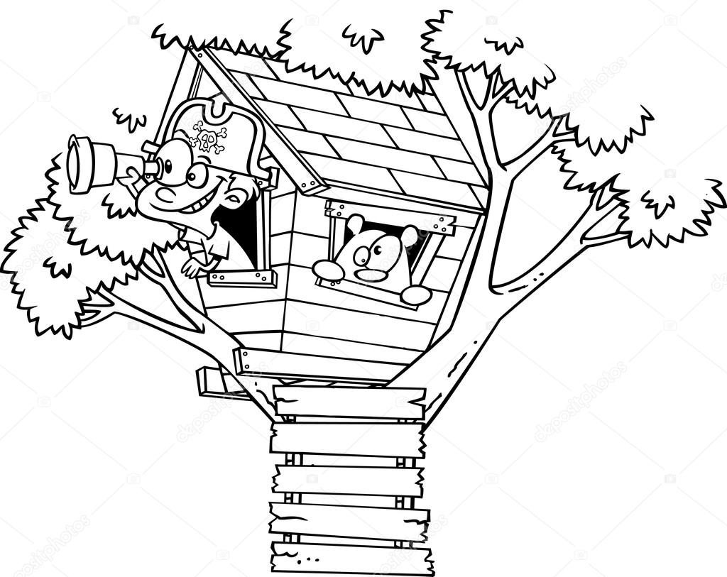 Vector of a Cartoon Pirate Boy in His Tree House Black and White Outline - Outlined Coloring Page