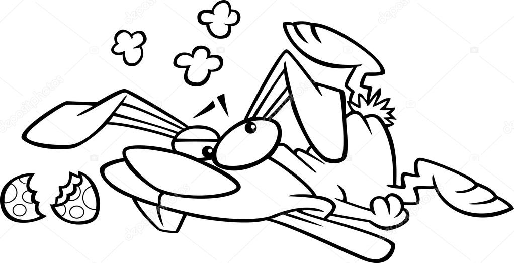 Illustration of an outlined stampeded easter bunny crushed on the floor, on a white background.