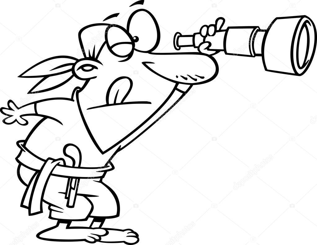 Vector of a Cartoon Pirate Peering Through a Spyglass Telescope - Outlined Coloring Page
